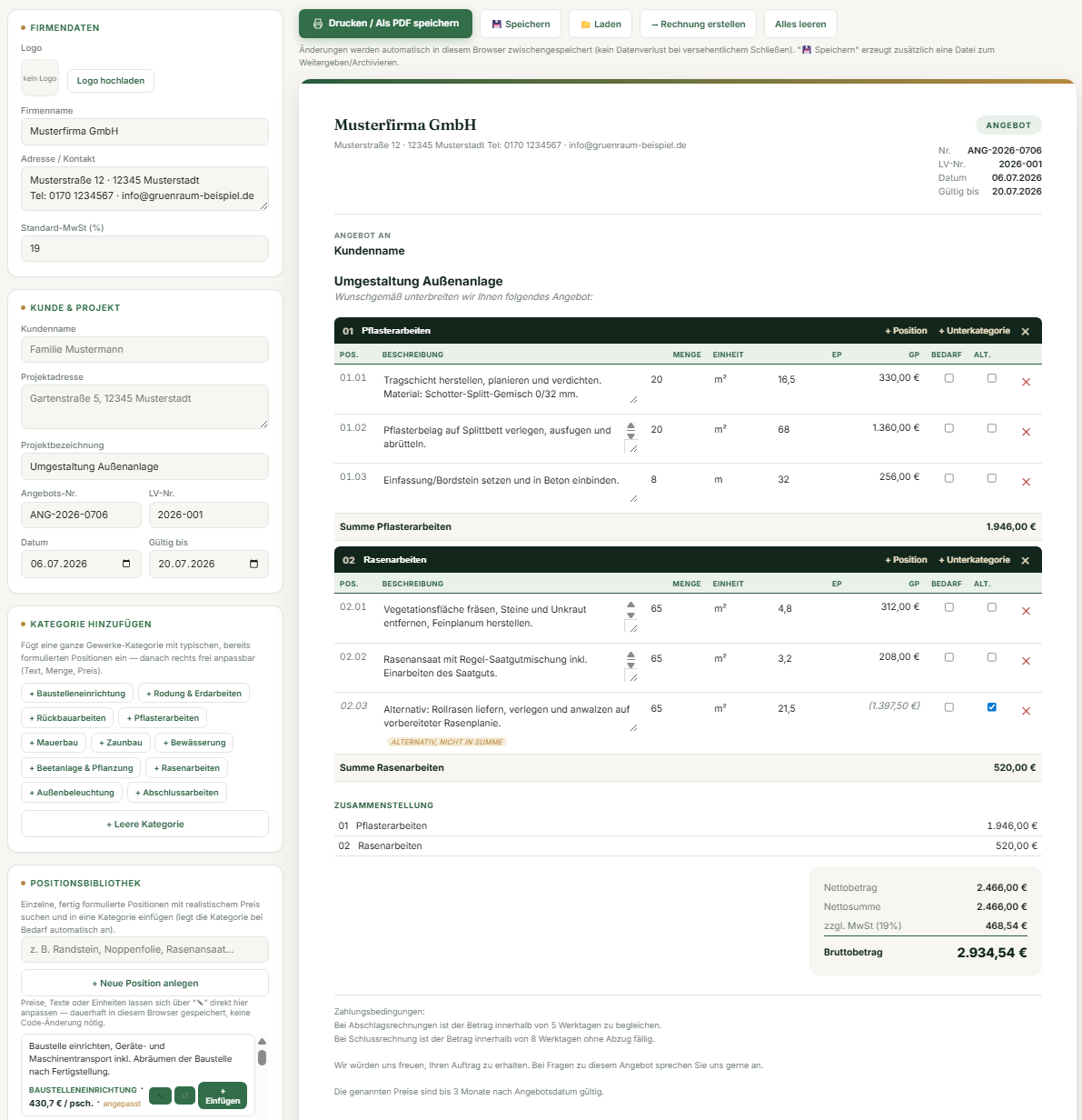 Komplette Tool-Oberfläche mit Firmendaten, Positionsbibliothek, mehreren Kategorien, Unterkategorien und Alternativposition